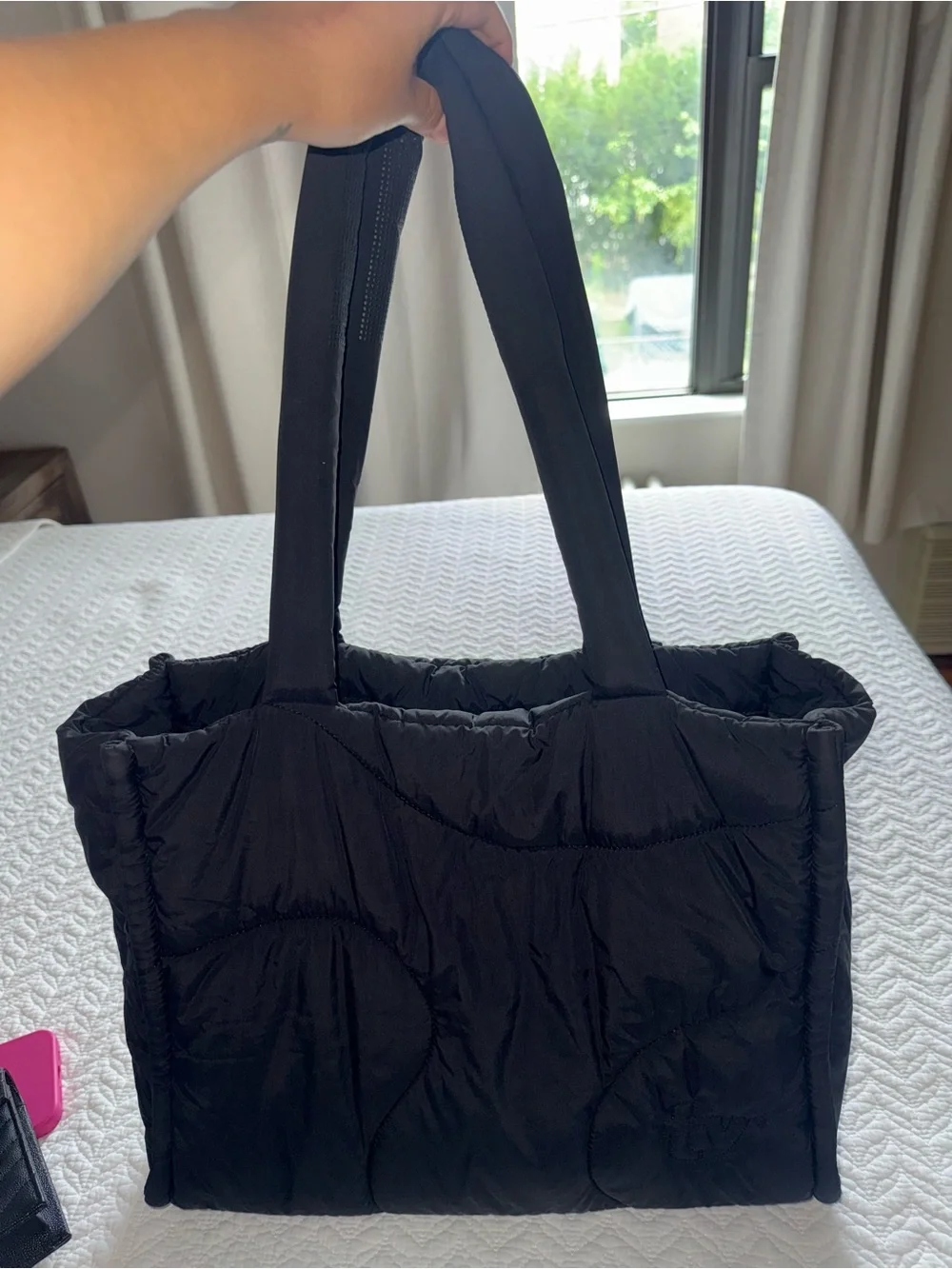 Quilted Black Puffer Tote Bag with Padded Handles